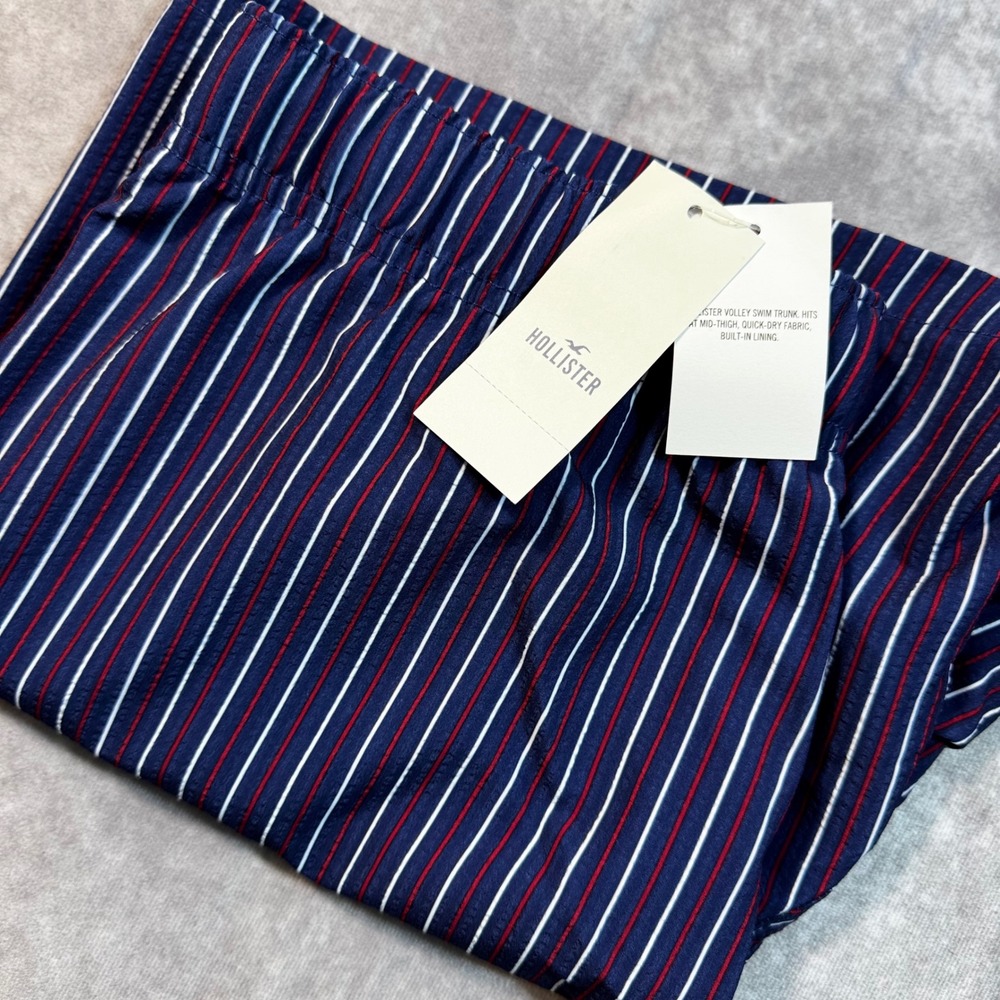 Hollister Mens Volley Swim Trunks Navy Red White Striped Size S Quick-Dry New